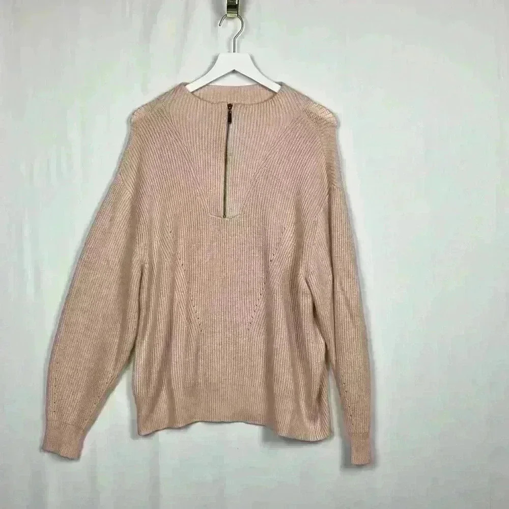 RD Style Womens Sweater Pink XL High Neck 1/4 Zip Long Sleeves Ribbed Soft Cozy
